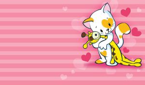 White spotted kitten hugs a yellow giraffe toy with love