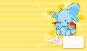 Little blue elephant with a backpack draws a picture in red color with love