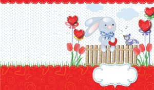 Cartoon bunny and bird on a wooden fence on white and red backdrop