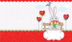 Cartoon bunny on a bench with a bouquet of tulips on white and red backdrop