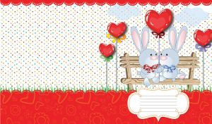 Two cartoon bunnies on a bench with heart balloons on white and red backdrop