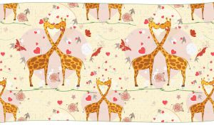 Seamless pattern of a giraffe couple in love on a pastel yellow wallpaper