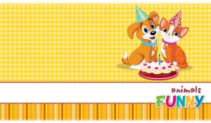 Cartoon kitten and puppy celebrates birthday against a yellow rhombus pattern
