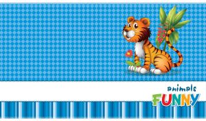 Cartoon tiger with a jungle flower against a blue rhombus pattern