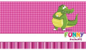 Cartoon crocodile with a pleading face against a dark pink rhombus pattern