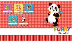Cartoon panda ready to school against a light red rhombus pattern