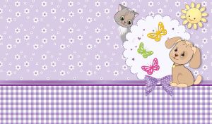 Kitten and puppy play around a white napkin against a pastel purple wallpaper