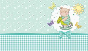 Teddy bear on a rocking horse on a white napkin against a pastel purple wallpaper