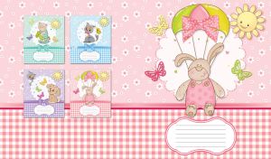 Bunny with a parachute on a white napkin against a pastel pink wallpaper
