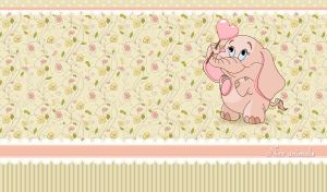 Animated pink elephant on a pastel yellow-green wallpaper with floral patterns