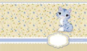 Animated blue kitten on a pastel yellow-green wallpaper with floral patterns