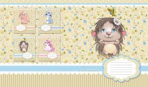 Animated brown hedgehog on a pastel yellow-green wallpaper with floral patterns