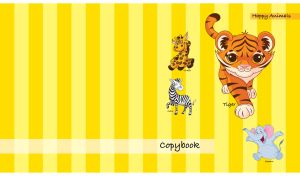 Happy cartoon tiger and its friends on a yellow striped backdrop
