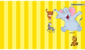 Happy cartoon elephant and its friends on a yellow striped backdrop