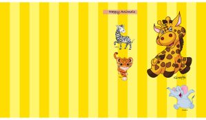 Happy cartoon giraffe and its friends on a yellow striped backdrop