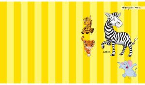 Happy cartoon zebra and its friends on a yellow striped backdrop
