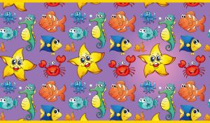 Seamless cartoon sea animal pattern with happy marine inhabitant on purple