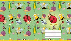 Seamless cartoon insect pattern with dancing bugs on pastel green