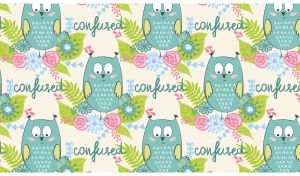 Seamless pattern of teal owls on a pastel yellow backdrop with floral patterns