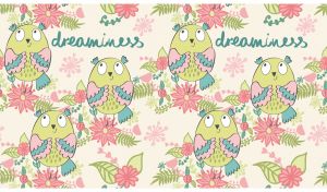 Seamless pattern of green owls on a pastel beige backdrop with floral patterns