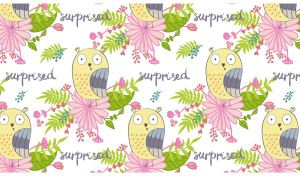 Seamless pattern of yellow owls on a pastel white backdrop with floral patterns