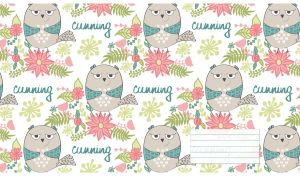 Seamless pattern of grey owls on a pastel white backdrop with floral patterns