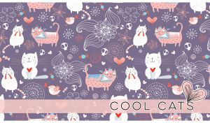 Seamless pattern with cool multicolored cartoon cats on a pastel purple backdrop