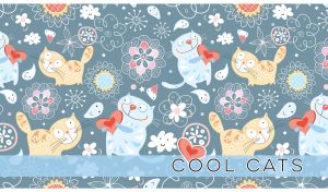 Seamless pattern with cool multicolored cartoon cats on a blue-grey backdrop