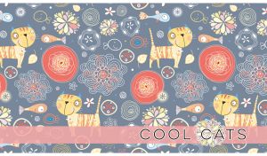 Seamless pattern with cool yellow cartoon cats and fish on a blue-grey backdrop