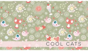 Seamless pattern with cool pink cartoon cats and bird on a pastel olive backdrop