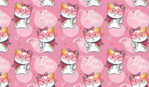 Seamless pattern of animated cats with scarves and bows on pastel pink