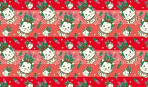 Seamless pattern of animated cats with feathered headdresses on red