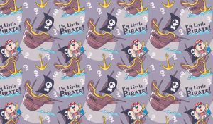 Seamless pattern of animated pirate bunnies on pirate ships on light purple-grey