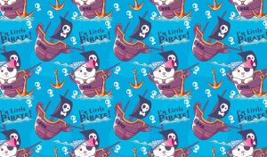 Seamless pattern of animated pirate cats on pirate ships on light blue