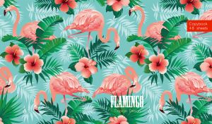 Pink flamingos among plants and hibiscus flowers on a pastel teal backdrop