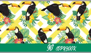 A seamless tropical pattern of toucans and flowers on yellow and white backdrop
