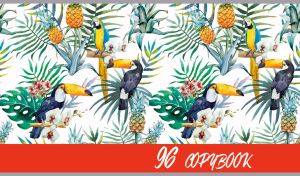 A seamless tropical pattern of toucans and macaws on a white backdrop