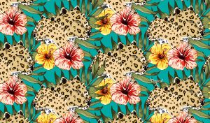 Pairs of leopard heads among tropical leaves and flowers on a teal backdrop