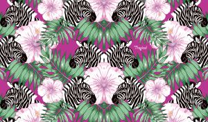 Zebra heads among tropical leaves and flowers on a purple backdrop