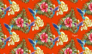 Hummingbirds among tropical leaves and flowers on a bright red backdrop