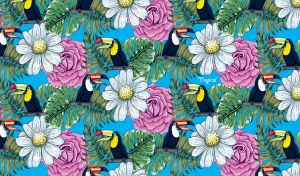 Black toucans tropical leaves and flowers on a sky blue backdrop