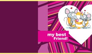 Funny cartoon mice against a white heart on a dark purple-pink striped backdrop