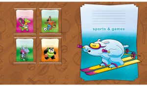 Polar bear skier on a poster against a brown racket and ball backdrop