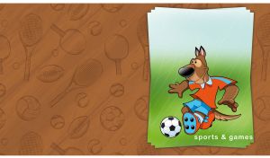 Dog football player on a poster against a brown racket and ball backdrop