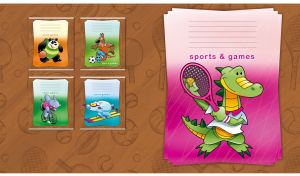 Crocodile tennis player on a poster against a brown racket and ball backdrop