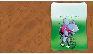 Elephant cyclist on a poster against a brown racket and ball backdrop