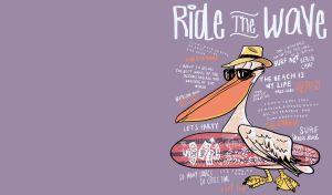Surfer pelican ready to ride the wave on a pastel purple poster