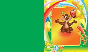 Happy brown bear with balloons on an orange card and green background of stars and rainbows