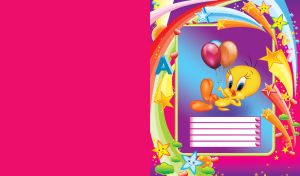 Cute yellow chick holding three balloons on a purple pink background of stars and rainbows