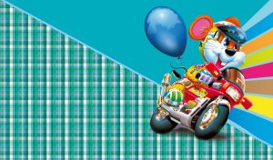 Funny mouse racer on a motorcycle with a balloon on blue background with rainbow strokes